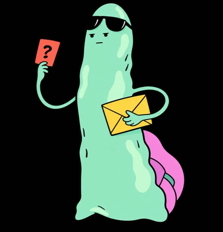 Philia's mint question mascot holding a clue and private invitation