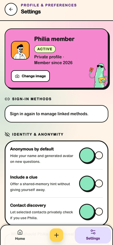 Philia profile and privacy controls screen